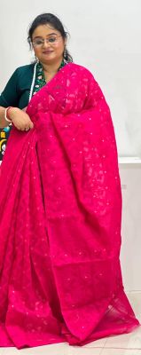 Dark Pink Pure Handloom Dhakai Jamdani Saree From Bengal