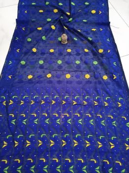 Royal Blue Corona Dhakai Jamdani Cotton Saree From Bengal