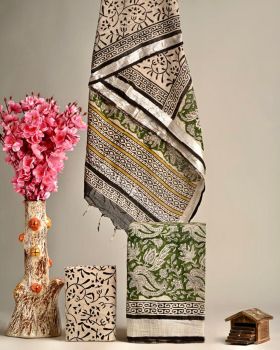 Cream & Green Hand Block Printed Linen Suit Dress Material