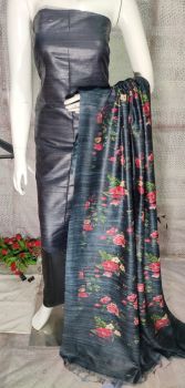 Grey Pure Tussar Ghicha Silk Suit With Digital Print Dupatta From Bihar