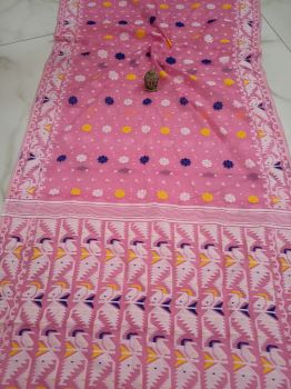 Pink Corona Dhakai Jamdani Cotton Saree From Bengal