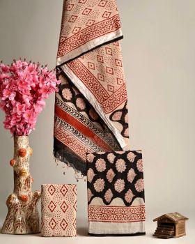 Cream & Black Hand Block Printed Linen Suit Dress Material