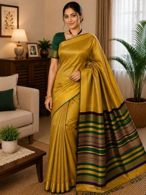 Yellow Pure Handloom Bhagalpuri Dupion Raw Silk Saree for Women