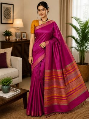 Pink Premium Bhagalpur Pure Handloom Dupion Raw Silk Saree for Women