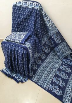 Navy Blue Hand Block Printed Work Saree