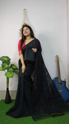 Black Pure Handloom Cotton Saree From Bengal
