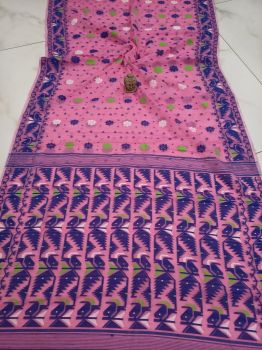Pink Blue Corona Dhakai Jamdani Cotton Saree From Bengal