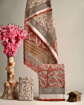 Orange & Cream Hand Block Printed Linen Suit Dress Material