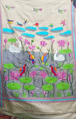 Off White Pure Handloom Kantha Silk Saree From Bengal