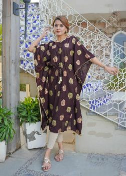 Brown Gold Print Rayon Kaftan