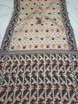 White Black Corona Dhakai Jamdani Cotton Saree From Bengal