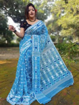 Sky Blue Pure Handloom Dhakai Jamdani Saree From Bengal