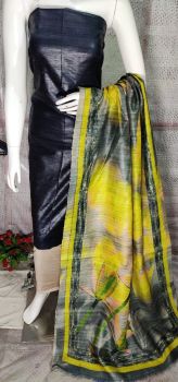 Black Pure Tussar Ghicha Silk Suit With Digital Print Dupatta From Bihar