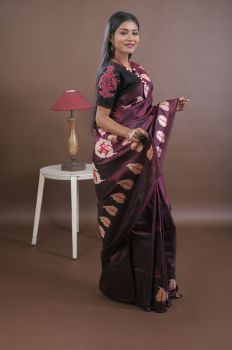 Dark Maroon Pure Handloom Katha Stitch Saree From Bengal