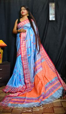 Sky Blue Pure Handloom Silk Saree From Bengal