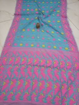 Sky Blue Pink Corona Dhakai Jamdani Cotton Saree From Bengal