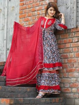Red Embroidery Work Kurti With Sarara Rayon