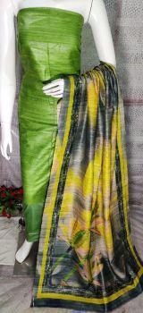 Light Olive Green Pure Tussar Ghicha Silk Suit With Digital Print Dupatta From Bihar