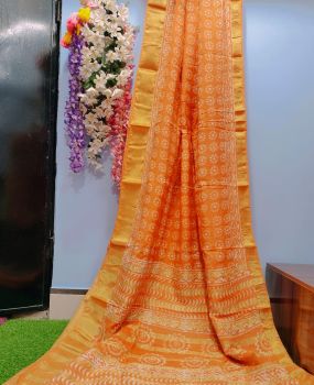 Orange Hand Block Printed Pure Handloom Chiffon Silk Saree
