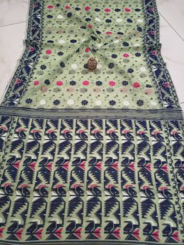Blue Sea Green Corona Dhakai Jamdani Cotton Saree From Bengal