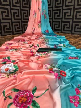 Peach and Sky Blue Printed Flower Design Heavy Satin Silk Saree