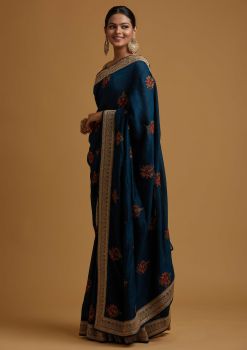 Teal Blue Flower Thread Work Sequence Silk Saree