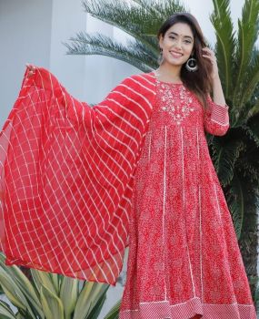 Red Embroidery Work Rayon Anarkali Kurti With Duppata