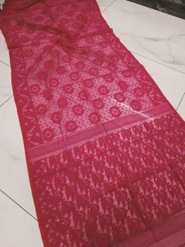 Red Corona Dhakai Jamdani Cotton Saree From Bengal