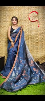 Greyish Blue Pure Handloom Linen By Linen Saree From Bengal