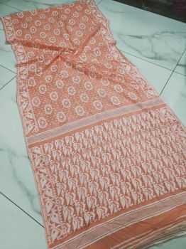 Peach White Corona Dhakai Jamdani Cotton Saree From Bengal