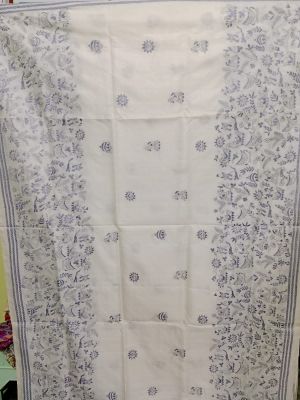 White Pure Handloom Kantha Silk Saree From Bengal