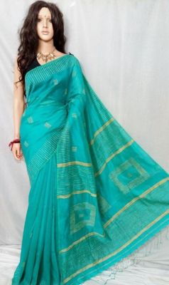 Dark Aquamarine Pure Handloom Silk Cotton Saree From Bengal