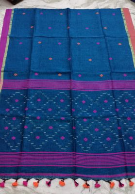 Navy Blue Pure Handloom Linen By Linen Saree From Bengal