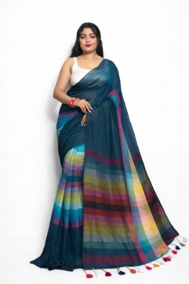 Multi Colour Pure Handloom Mulmul Cotton Saree From Bengal