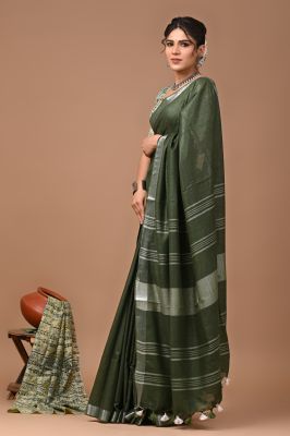 Charcoal Black Pure Handloom Linen By Linen Saree From Bengal