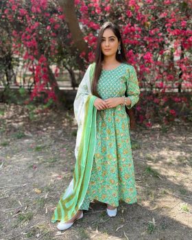 Parrot Green Printed Cotton Straight Kurti With Pant And Cotton Dupatta