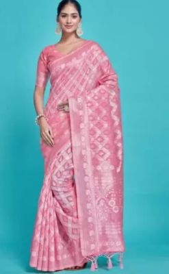 Rose Pink Pure Handloom Banarasi Silk Cotton Saree From Banaras
