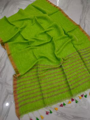 Forest Green Pure Handloom Linen By Linen Saree From Bengal
