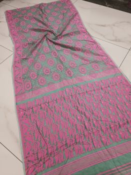 Grey Pink Corona Dhakai Jamdani Cotton Saree From Bengal