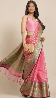 Coral Pink Pure Handloom Georgette Saree From Banaras