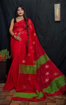 Red Green Dumroo Pure Handloom Silk Cotton Saree