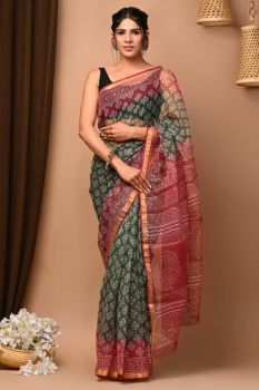 Army Brown Kota Doriya Printed Leaf Design Saree