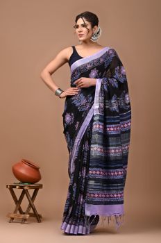 Black Pure Handloom Linen Cotton Saree From Bihar