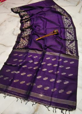 Purple Pure Handloom Linen By Linen Saree From Bengal