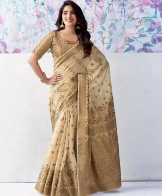 Brown Pure Handloom Silk Cotton Saree From Banaras