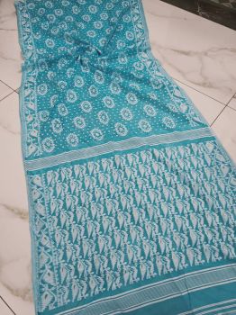 Sky Blue Corona Dhakai Jamdani Cotton Saree From Bengal