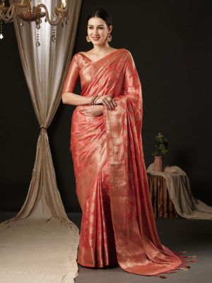 Rose Gold Coral Party Wear Silk Saree