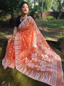 Bright Orange Floral Jamdani Soft Cotton From Bengal saree