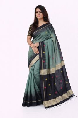 Mint Green Black Ikkat Silk Cotton Pure Handloom Saree From Bengal