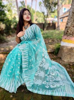 Aqua Blue Floral Jamdani Soft Cotton From Bengal saree